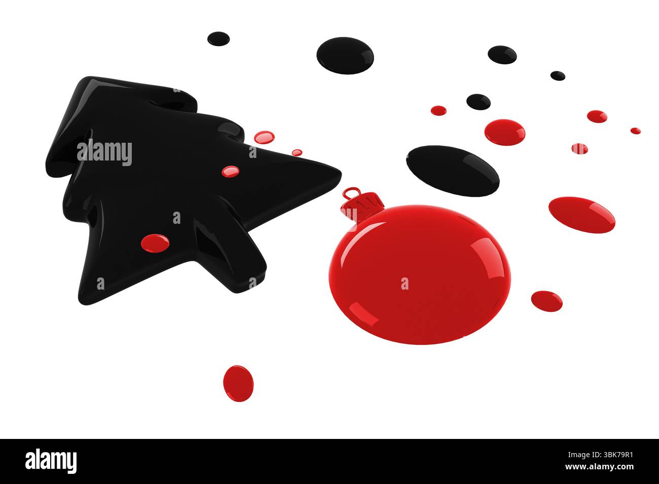 Glänzende Baumform, rotes Ornament und Tropfen bilden ein flaches Design auf weißer Oberfläche, Kopierraum Stockfoto