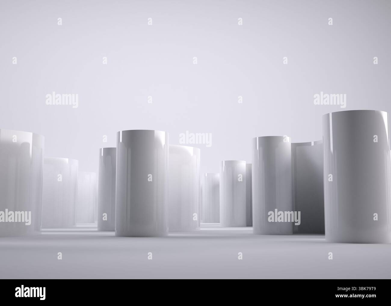 Glänzend weißer Zylinder steht in flacher Designszene mit Säulen auf weichem Hintergrund Stockfoto