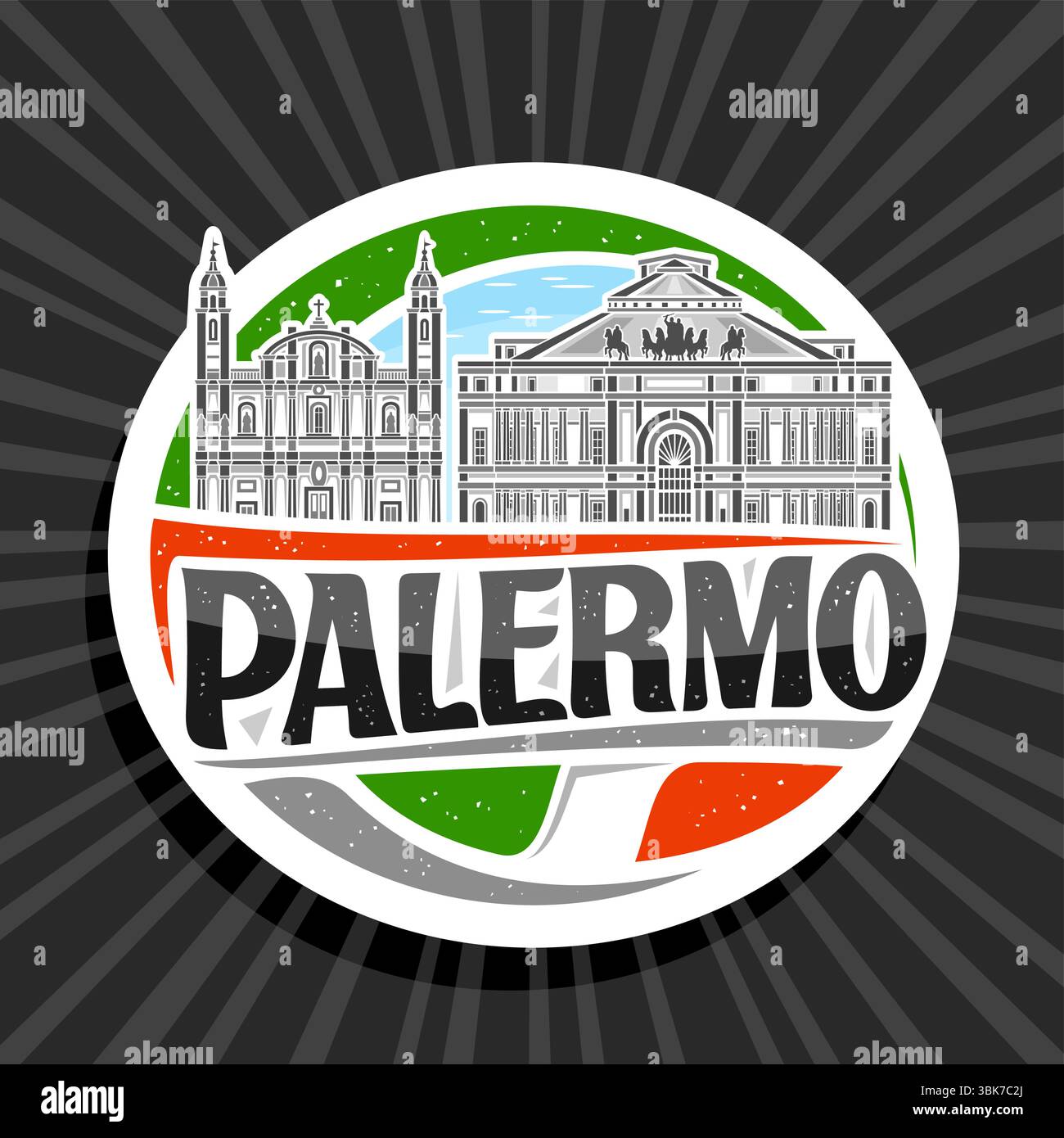 Vektor-Logo für Palermo, weißer dekorativer Tag mit Umrissillustration der europäischen palermo Stadtlandschaft auf Tag-Himmel-Hintergrund, Kunst-Design-Kühlschrank Stock Vektor
