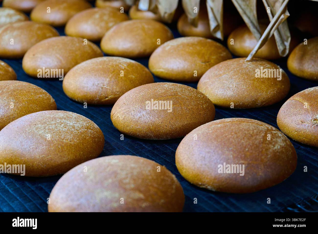 Frisch gebackene weiße Roggenmischung und baltisches Roggenbrot kühlen in einem Backofen in einer bezaubernden ländlichen Umgebung Stockfoto