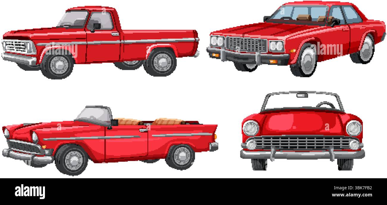 Vektor-Illustration von vier klassischen roten Autos mit Vintage-Design und lebhaften Farben mit detaillierten Elementen und klaren Linien Stock Vektor