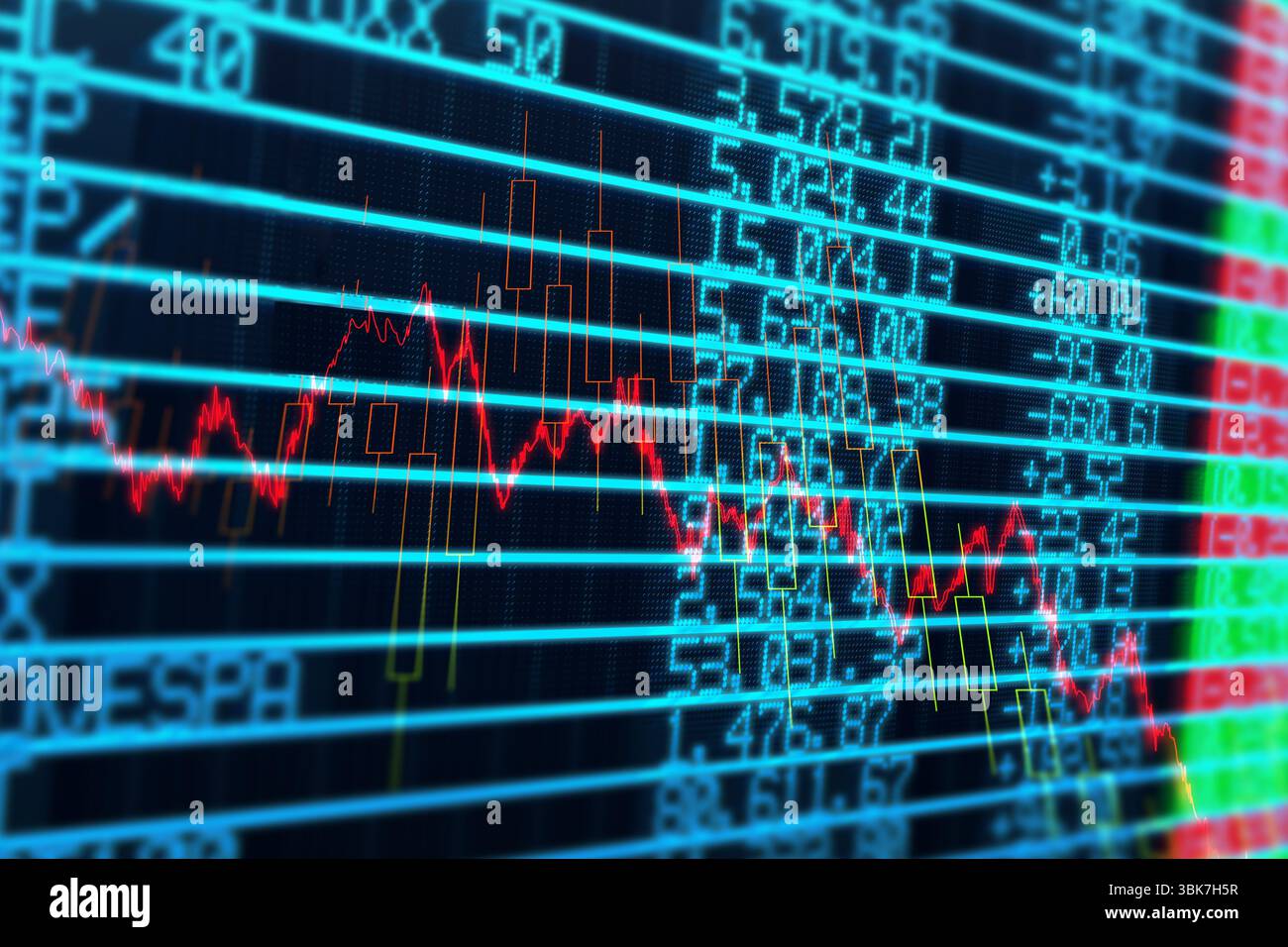 Flache Diagrammanzeige mit blauem Raster, rotem Liniendiagramm, Kerzenleuchtern, numerischen Daten, Verstärkungsverlust Stockfoto