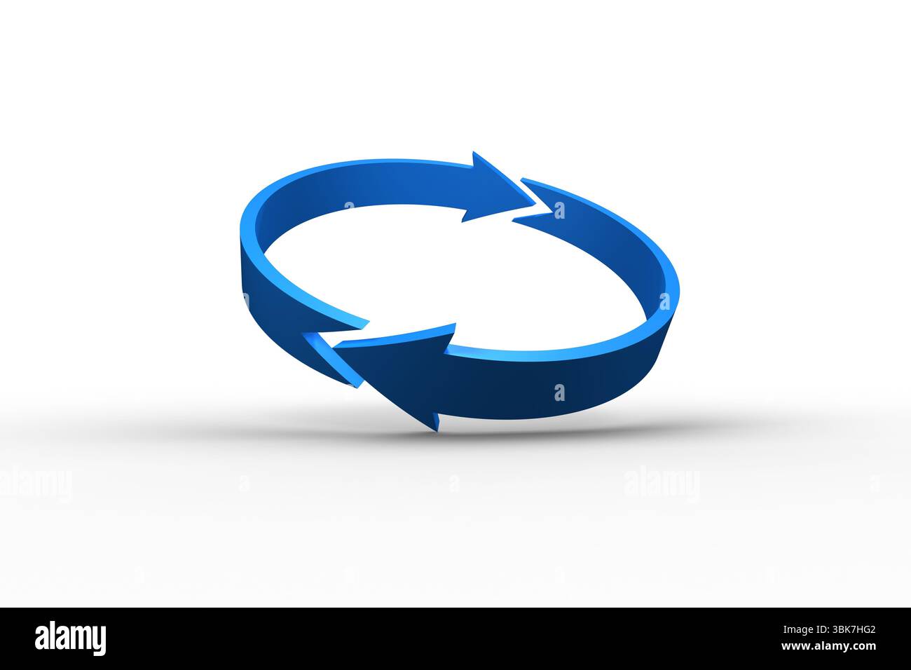 Die blaue kreisförmige 3D-Pfeilschleife schwebt über einem glatten weißen Hintergrund und erzeugt weichen Schatten, Kopierraum Stockfoto