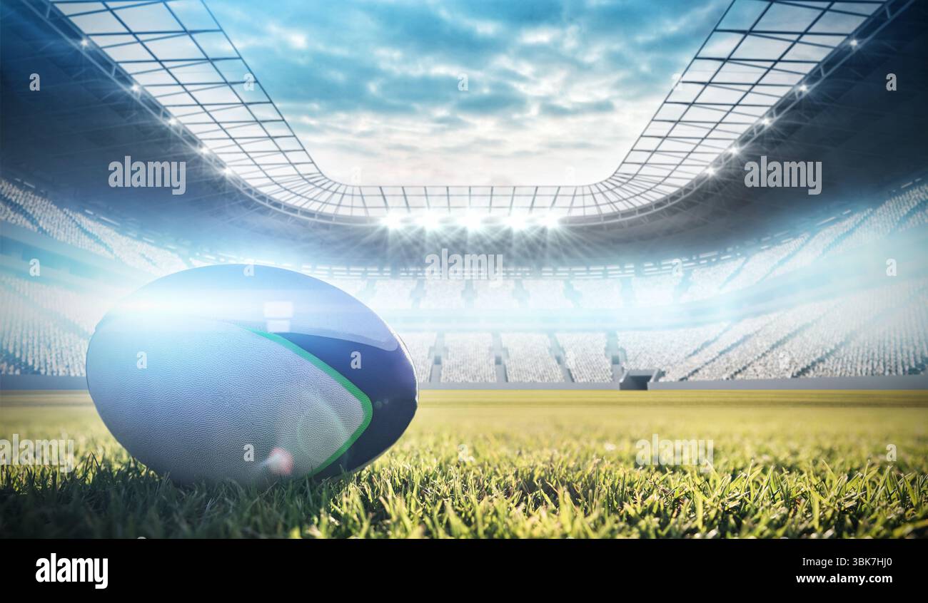 rugby-Ball liegt auf dem Gras in der Mitte des Stadions mit leeren Sitzplätzen in flachem Design Stockfoto