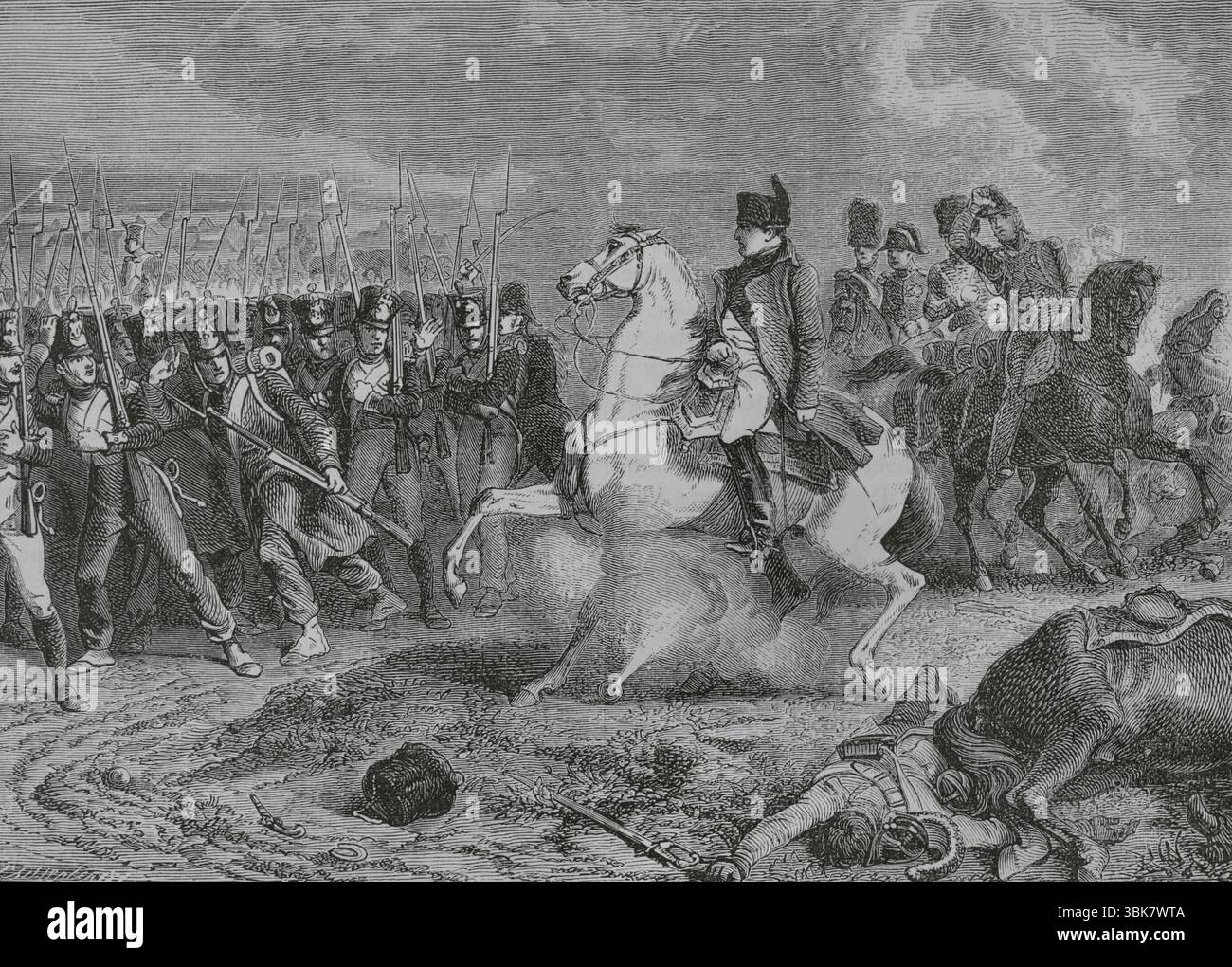 Schlacht von Arcis-sur-Aube (20-21. März 1814). Die französische kaiserliche Armee unter Napoleon wurde von einer viel größeren alliierten Armee unter Karl Philipp, Fürst von Schwarzenberg (1771–1820) besiegt. Eine Granate explodiert unter Napoleons Pferd. Zeichnung von Philippoteaux. Gravur von Barbant. "Histoire du Consulat et de l'Empire" (Geschichte des Konsulats und des französischen Reiches unter Napoleon), von A. Thiers. Band IV. Veröffentlicht in Barcelona, 1879. Stockfoto