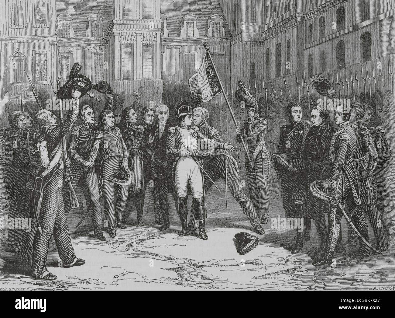 Napoleon I. Bonaparte (1769-1821). Konsul auf Lebenszeit (1802) und Kaiser der Franzosen (1804-1815). Mit der Unterzeichnung des Vertrages von Fontainebleau am 11. April 1814 musste Napoleon abdanken und auf alle Gebiete unter seiner Herrschaft verzichten, mit Ausnahme der Insel Elba, auf der er ins Exil ging. Napoleons Abschied von der Kaiserlichen Garde in Fontainebleau, 20. April 1814. Zeichnung von Paul Girardet aus einem Gemälde von Horace Vernet. Stich von Chapon. "Histoire du Consulat et de l'Empire" (Geschichte des Konsulats und des französischen Reiches unter Napoleon), von A. Thiers. Band IV. Veröffentlicht in Barcel Stockfoto