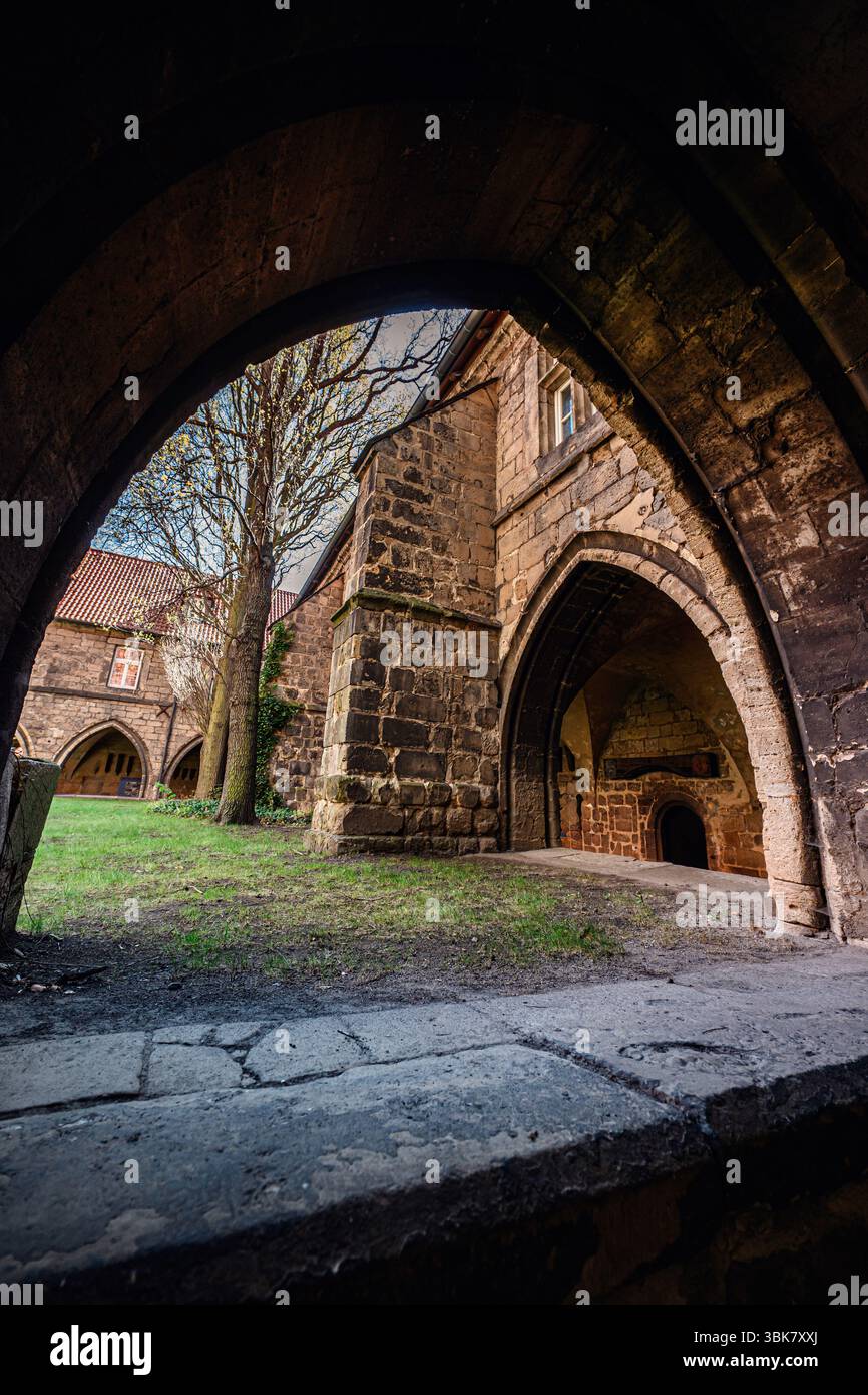 Der Blick durch einen dunklen Steinbogen offenbart einen grasbewachsenen Innenhof, der von einer bogenförmigen mittelalterlichen Architektur und mit Efeu bedeckten Wänden umgeben ist. Stockfoto