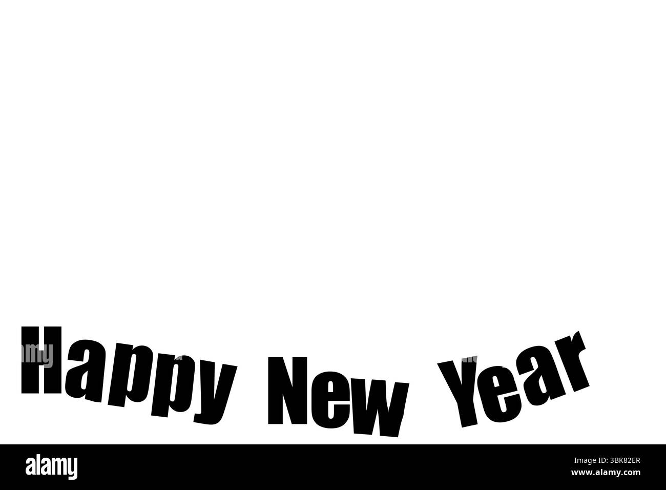 Der Text „Happy New Year“ wird auf einem minimalen weißen Hintergrund mit einem fetten serifenlosen Bogen angezeigt Stockfoto