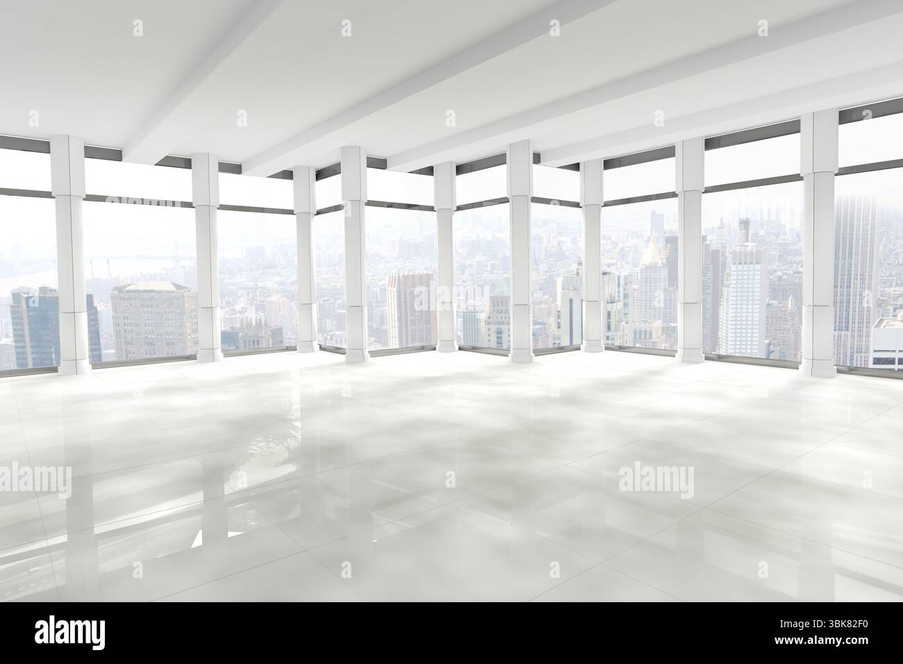 Das offene Büro im flachen Design zeigt reflektierende weiße Fliesenböden mit Säulen und die Skyline der Stadt Stockfoto Das offene Büro im flachen Design zeigt reflektierende weiße Fliesenböden mit Säulen und die Skyline der Stadt Stockfoto