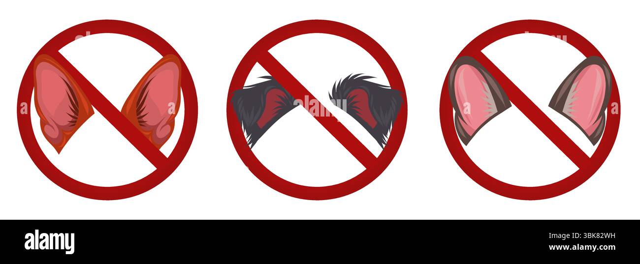 Vektorsatz von Verbotszeichen mit Hundeohren. Kein Zutritt mit Hunden. Aufkleber können in der App nicht verwendet werden. Sammlung von Schildern für Aufkleber und Banner Stock Vektor