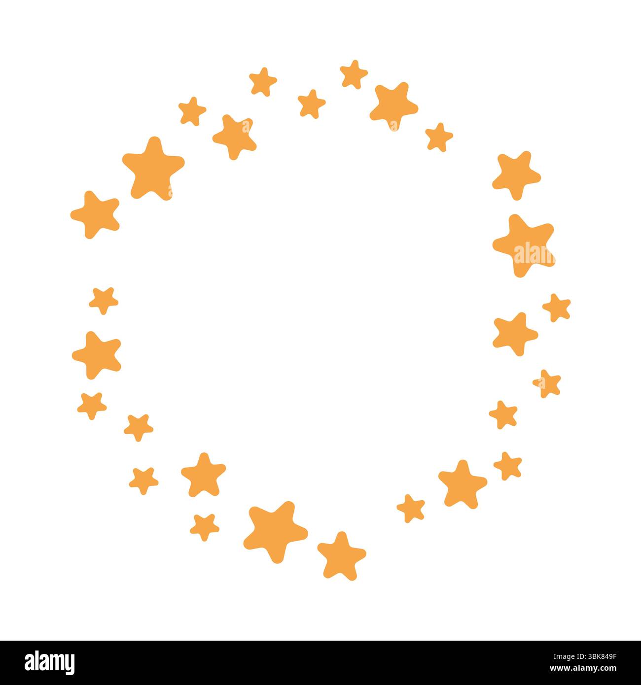 Einfache kreisförmige Umrandung aus orangen Comicsternen. Flacher Vektor für Dekoration, Schuldesigns, Kinderprojekte oder Einladungen. Stock Vektor
