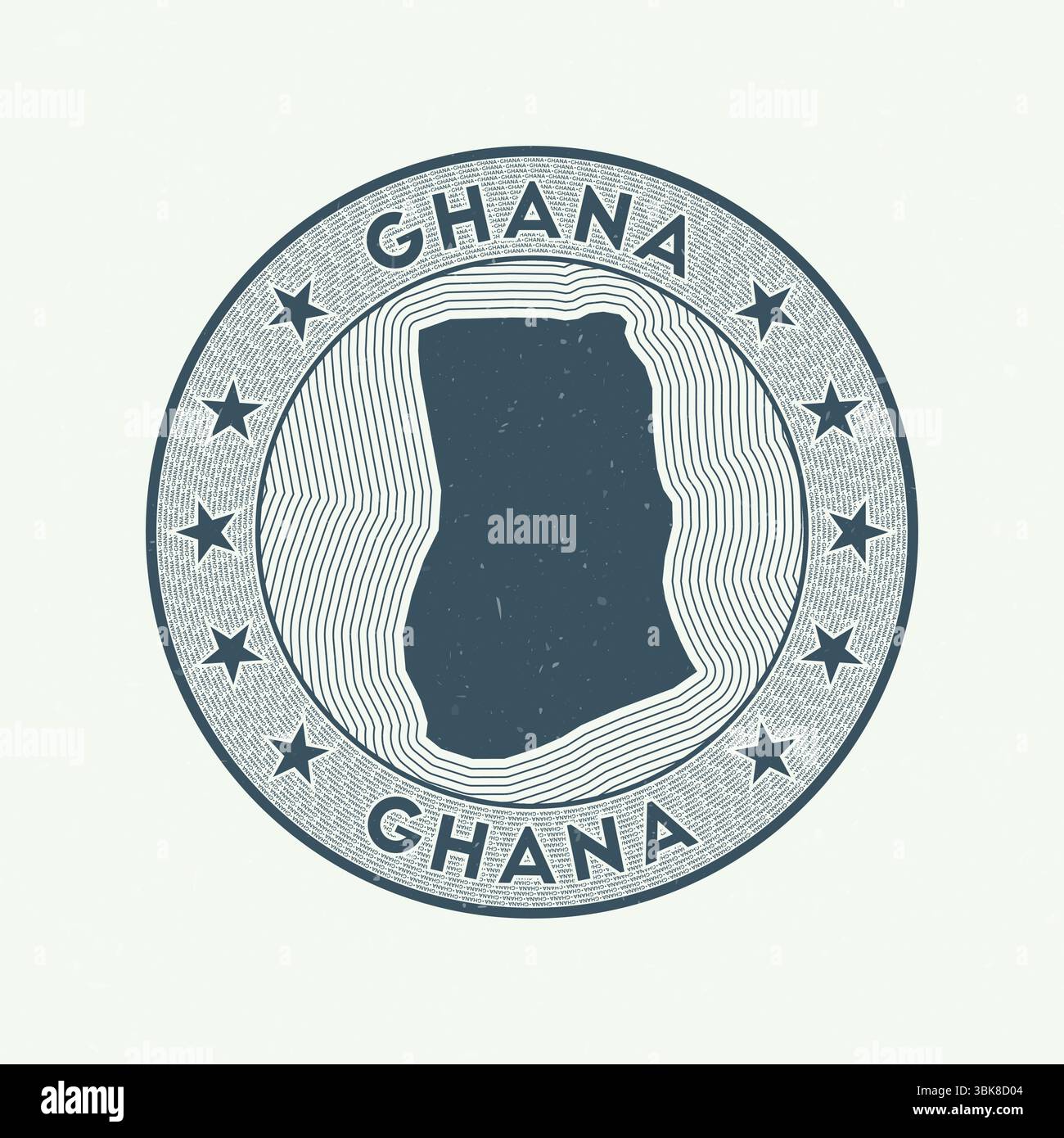 Ghana runder Badge Vektor. Länderrunder Stempel mit der Form Ghanas, Isolinien und kreisförmigem Ländernamen. Authentisches Emblem. Stock Vektor