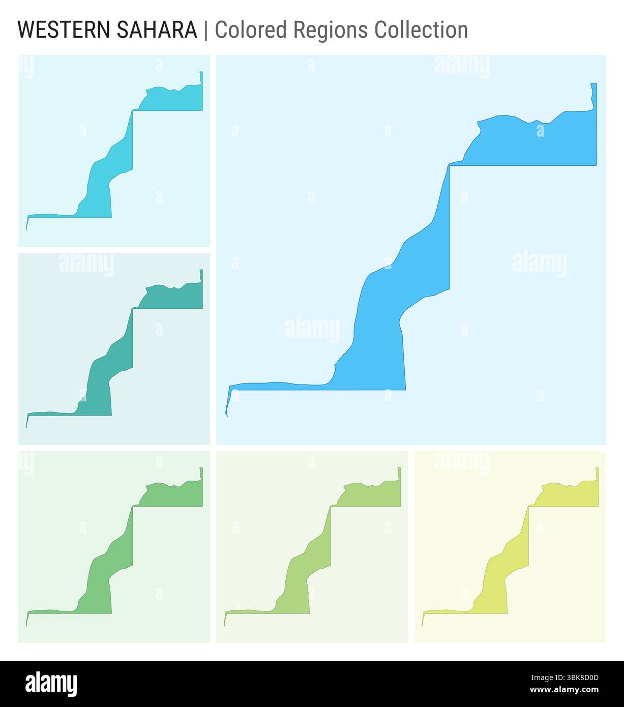 Westsahara-Kartensammlung. Länderform mit farbigen Regionen. Hellblau, Cyan, Petrol, grün, hellgrün, Farbpaletten in Limettenfarben. Stock Vektor