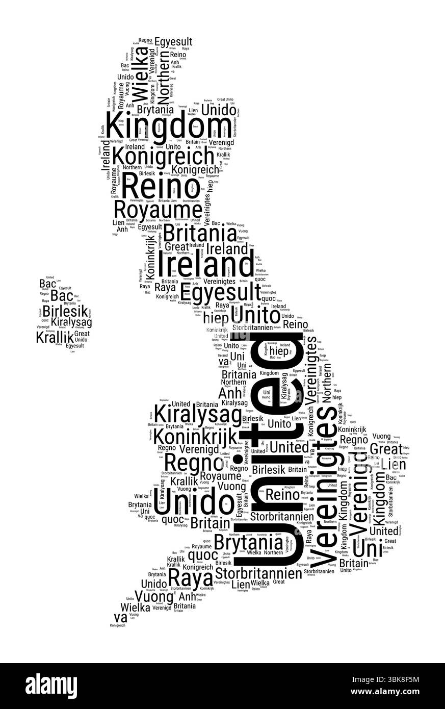 Schwarzweiß-Wortwolke in britischer Form. Einfache typografische Darstellung des Landes. Stock Vektor