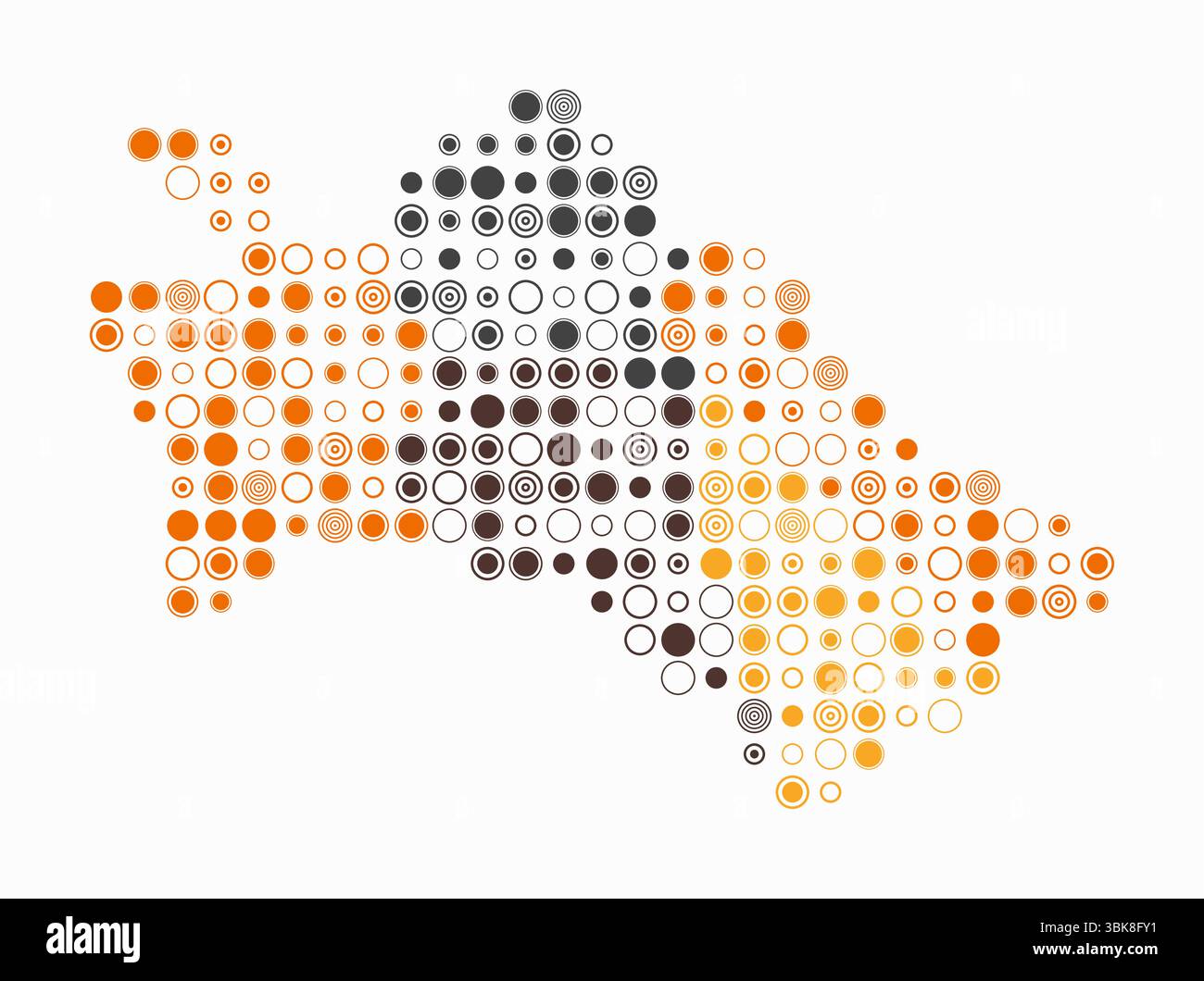 Turkmenistan, die Form des Landes, gebaut aus farbigen Zellen. Digitale Karte Turkmenistans auf weißem Hintergrund. Große Kreisblöcke. Stock Vektor