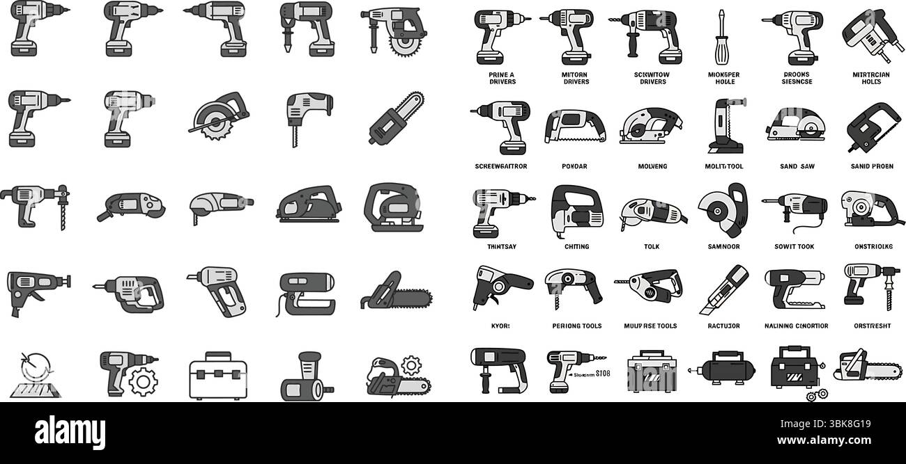 Symbolgruppe Für Elektrowerkzeuge. Eine umfassende Sammlung von Glyphen für elektrische und schnurlose Bau- und Zimmermannswerkzeuge, einschließlich Bohrmaschinen, Sägen, Schleifmaschinen, Stock Vektor