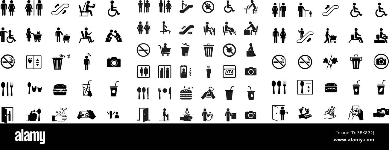 Umfassende Sammlung öffentlicher Bereiche und Informationssymbole. Set enthält Glyphen für Toiletten, Fahrstuhl, Rolltreppe, Lebensmittelbereich, Zugänglichkeit, Stock Vektor