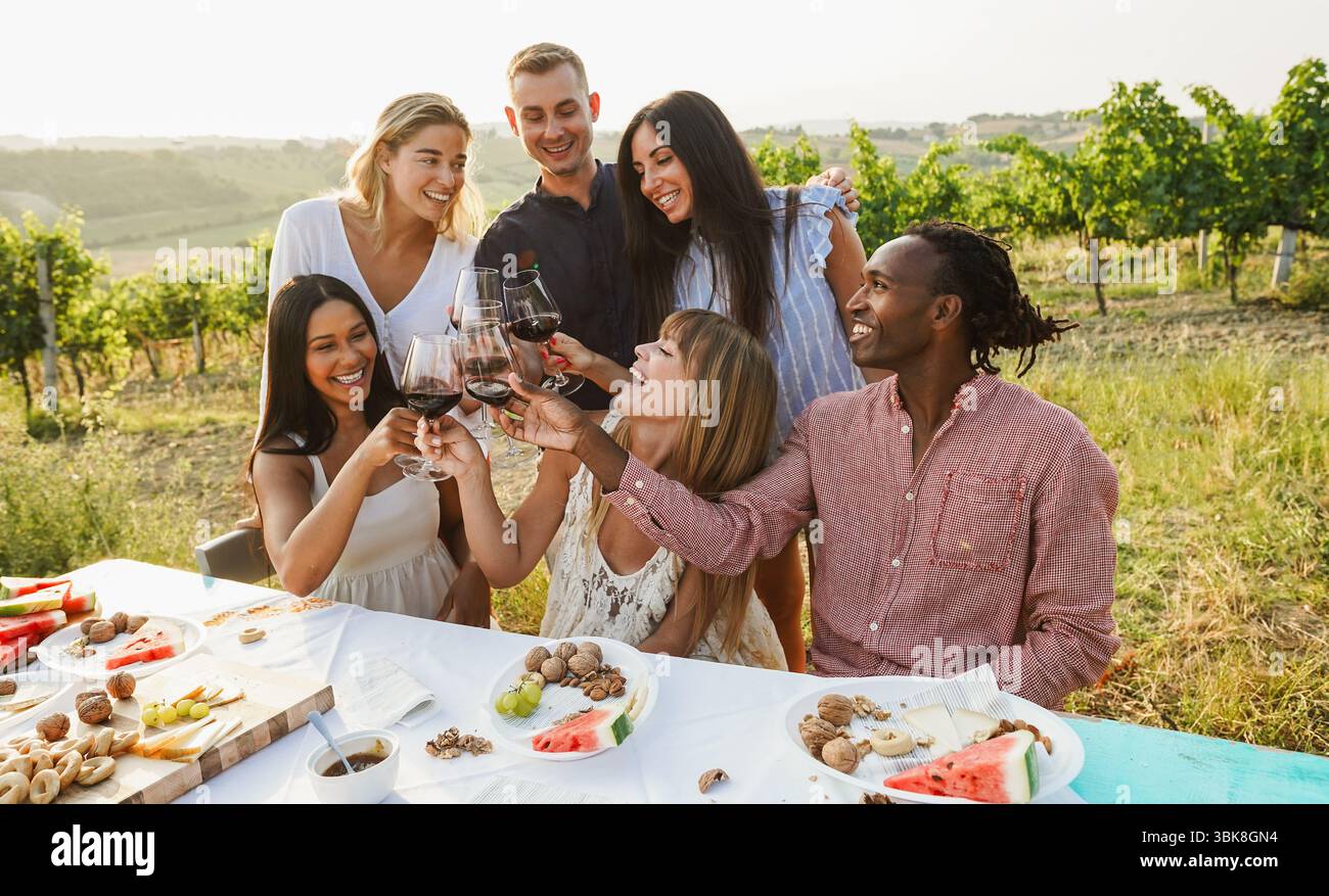 Fröhliche Freunde, die Spaß haben, Rotwein zu trinken und zusammen zu essen - multirassische Menschen feiern im Sommer auf dem Land Stockfoto