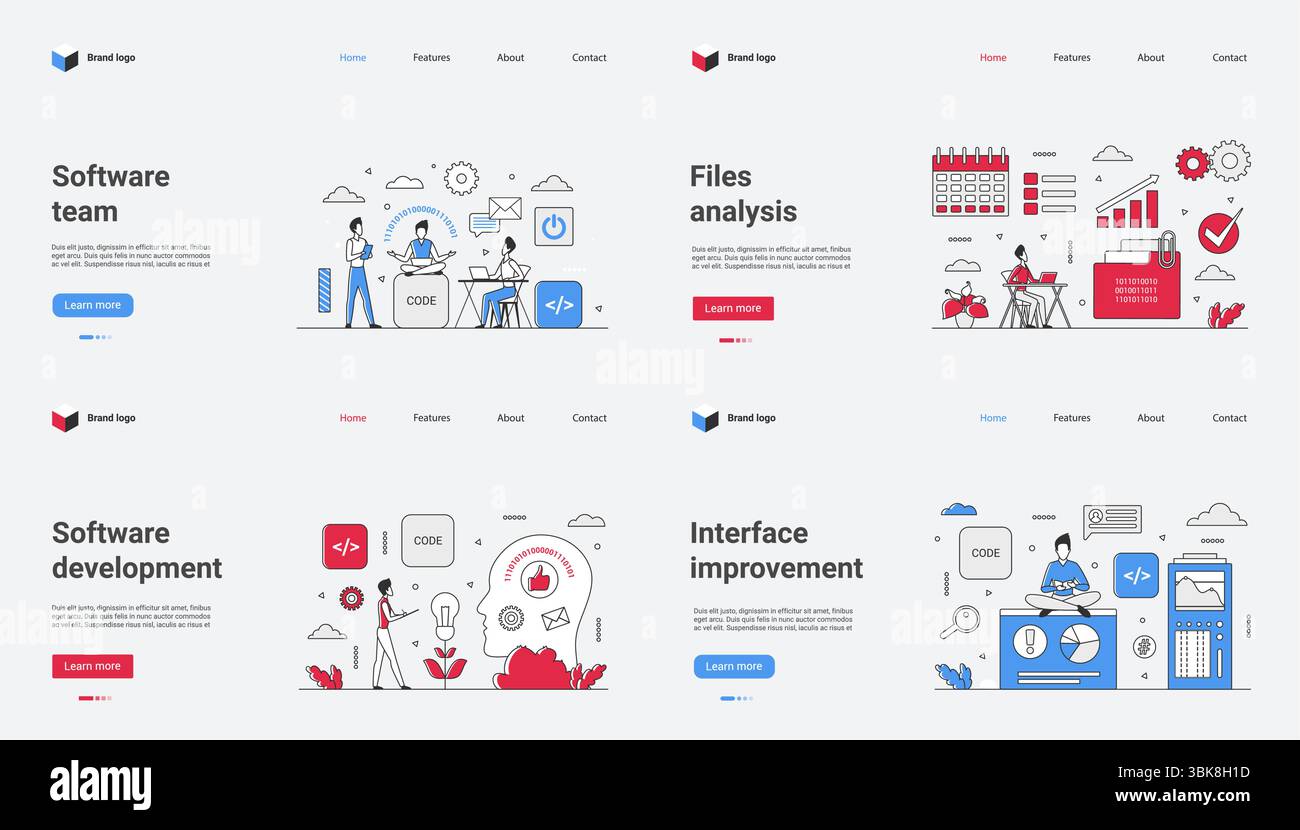 Das Softwareteam analysiert Dateien, entwickelt Software für verbesserte Schnittstellen, verbessert visuelle Daten und verfeinert das Webdesign mithilfe moderner Layouttechniken, um effiziente, benutzerfreundliche Systeme zu erstellen Stock Vektor