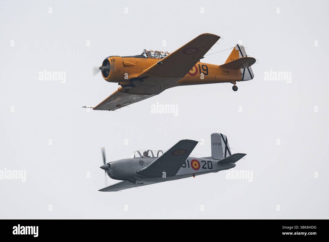 Fundación Infante de Orleans - FIO - North American T-6 Texan & Beechcraft T-34 Mentor Flugzeuge fliegen beim AIRE25 Air Festival in San Javier, Murcia Stockfoto