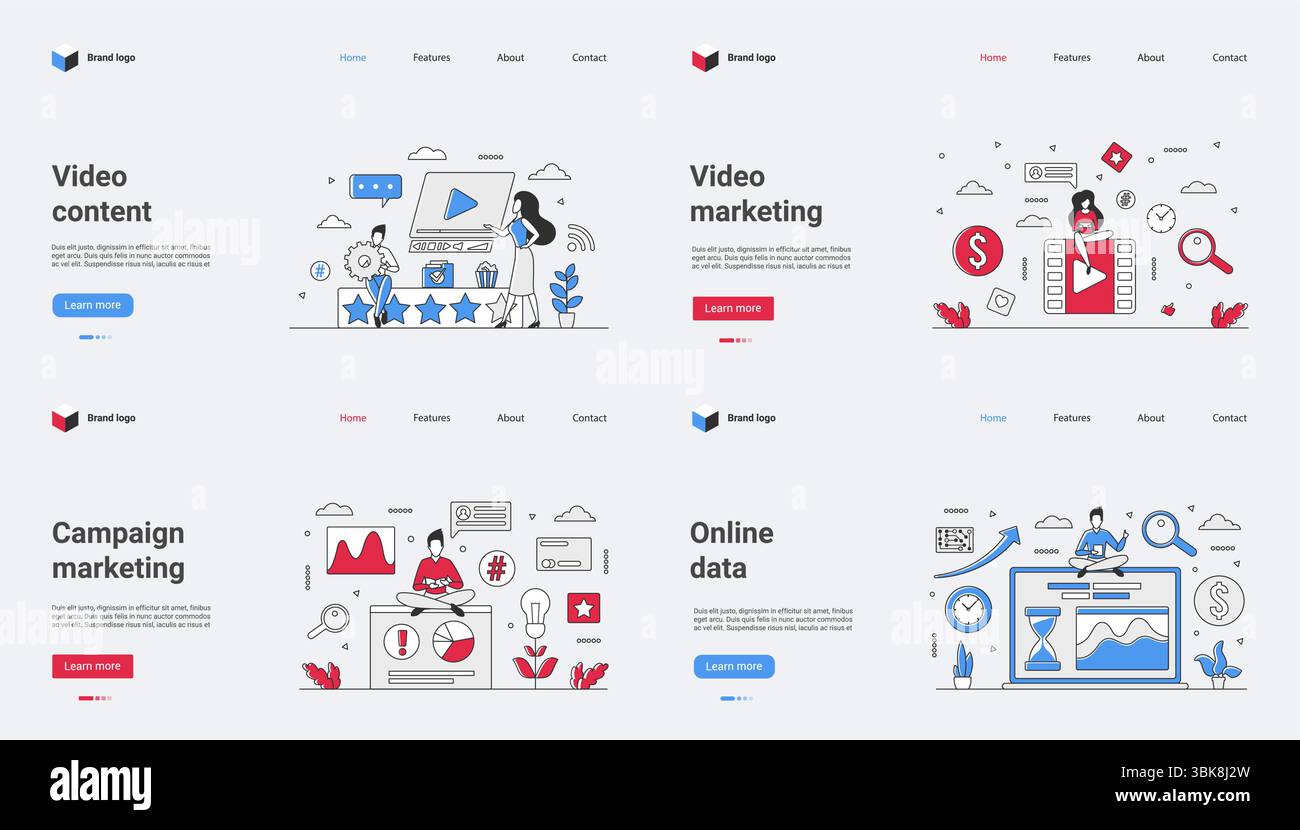 Erstellung von Videoinhalten, effektive Marketingstrategien, Kampagnenmanagement, Online-Datenanalyse, innovative digitale Strategien, beeindruckende Grafik, kreatives Design und ansprechende Webvorlagen Stock Vektor