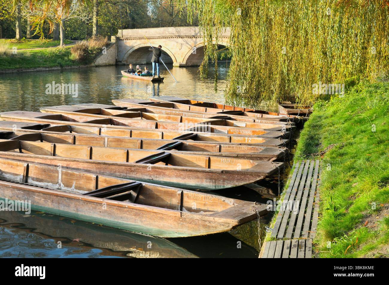 Eine Reihe von handgefertigten hölzernen Punt-Booten/Punts auf dem Fluss Cam und eine Familie auf Bootstour mit Punter/Chauffeur in der Nähe der Trinity Bridge, Cambridge, England, Großbritannien Stockfoto