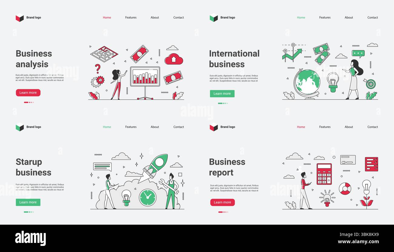 Dieses Vektor-Illustrationsset deckt Themen wie Geschäftsanalyse, internationale Strategien und innovative Startups ab und eignet sich ideal zur Verbesserung von Geschäftsprojekten, Präsentationen und visueller Kommunikation Stock Vektor