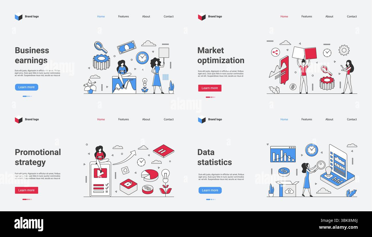 Die Maximierung der Erträge und die Optimierung von Strategien sind entscheidend für den langfristigen Erfolg. Effektive Werbeaktionen und Datenanalysen sind wichtig. Vektorabbildungen verbessern die visuelle Attraktivität von Website-Vorlagen Stock Vektor