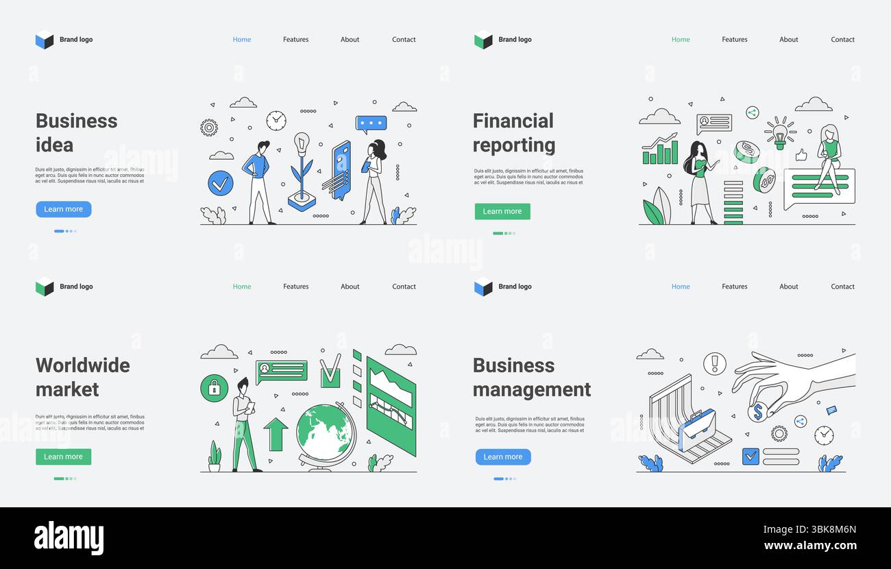 Diese Geschäftsidee legt den Schwerpunkt auf Finanzberichterstattung, Marktanalyse und Managementstrategien mit einem modernen Design und verwendet Vektorabbildungen für klare und professionelle Präsentationen Stock Vektor
