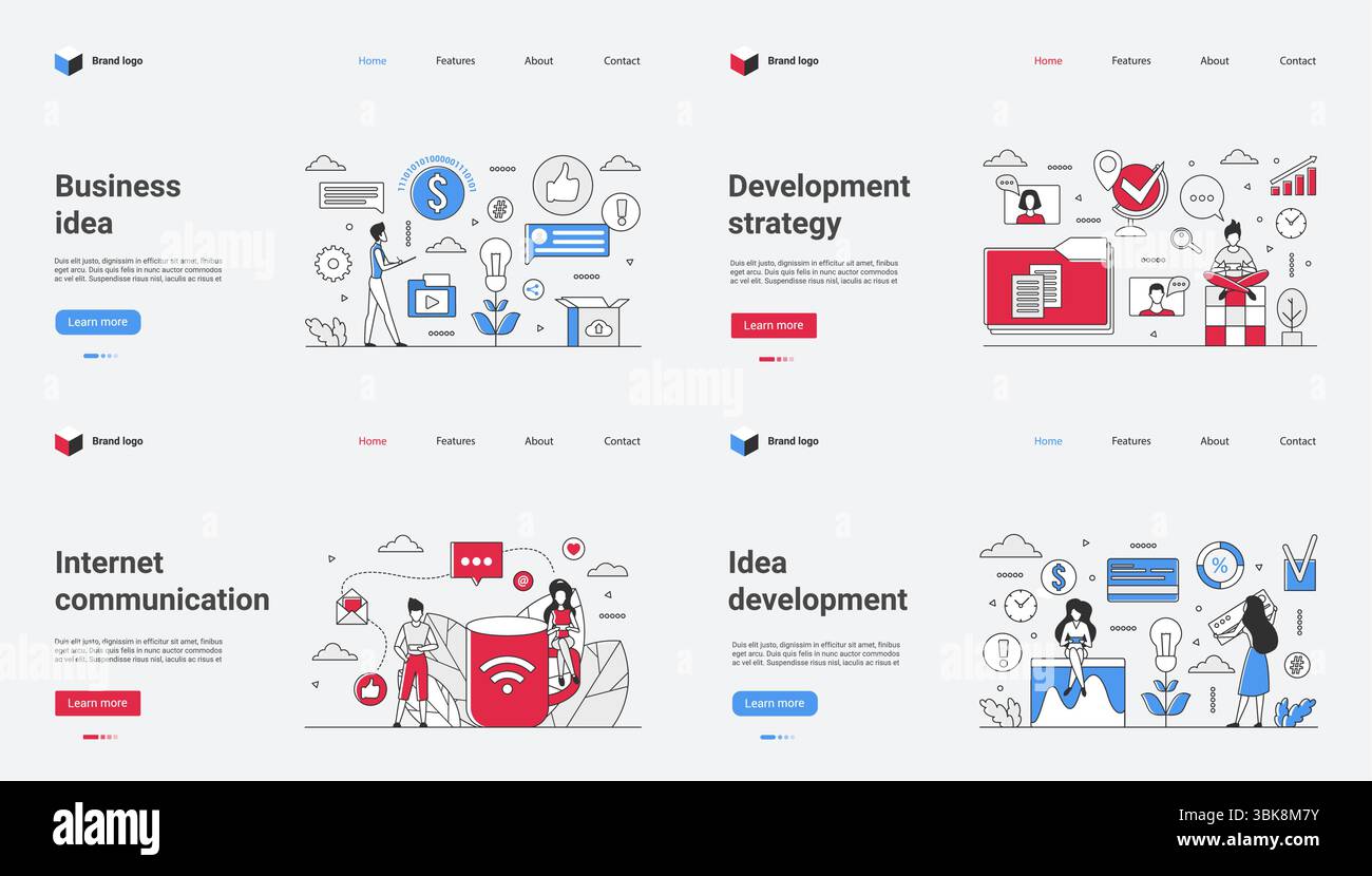 Visuelle Komponenten, die für die Förderung von Geschäftskonzepten, die Entwicklung von Entwicklungsstrategien, die Verbesserung der Internetkommunikation und die effektive und kreative Entwicklung von Ideen von grundlegender Bedeutung sind Stock Vektor