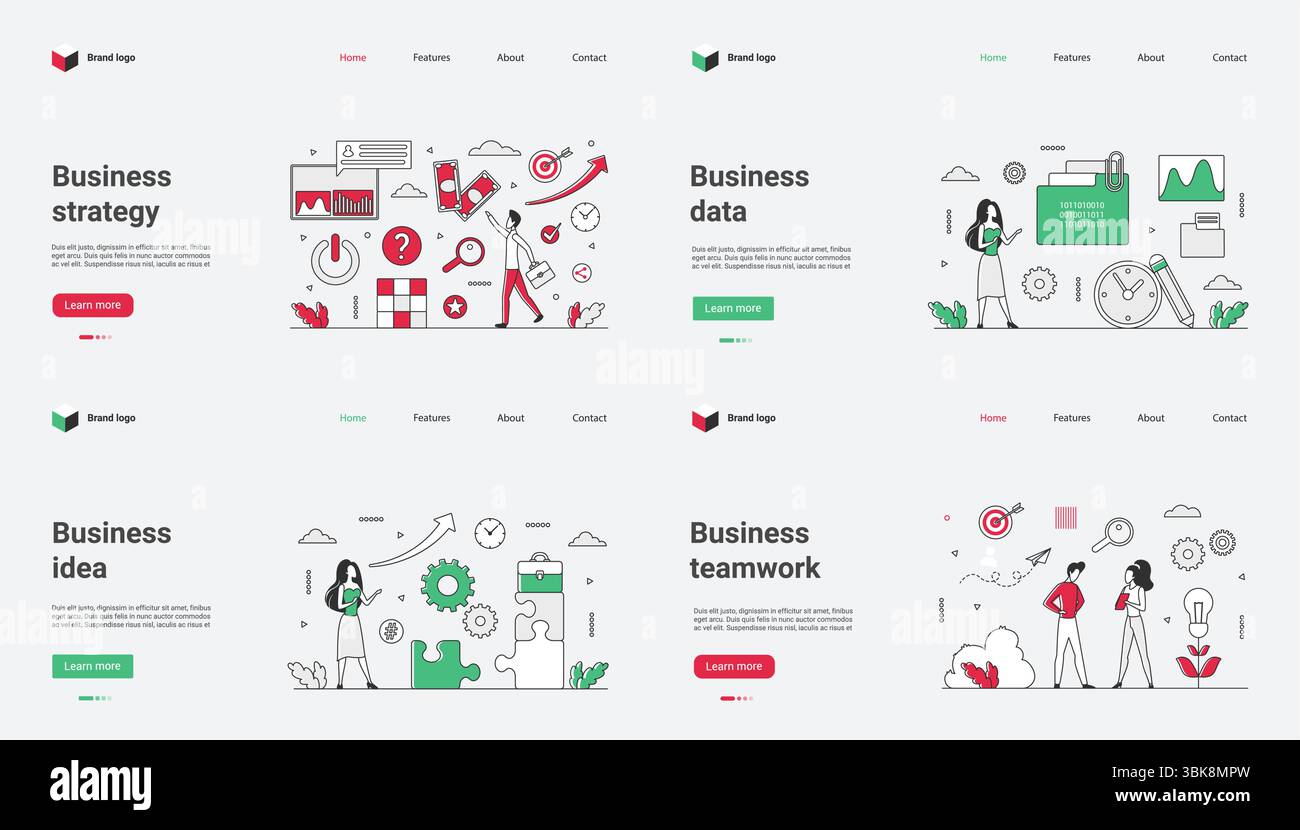 Diese vielseitige Webvorlage kombiniert Geschäftsstrategie, Datenanalyse, effektive Teamarbeit und innovative Konzepte und eignet sich ideal für wirkungsvolle Unternehmenspräsentationen und ansprechende digitale Marketingaktivitäten Stock Vektor