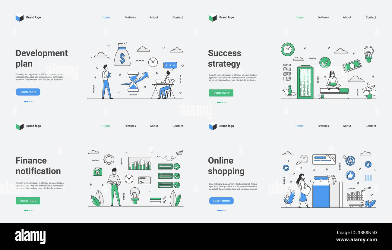 Diese vielseitige Webvorlage umfasst Entwicklungspläne, Erfolgsstrategien, Finanzbenachrichtigungen und Online-Shopping-Optionen, sodass sie für verschiedene Zwecke und Projekte anpassbar ist Stock Vektor