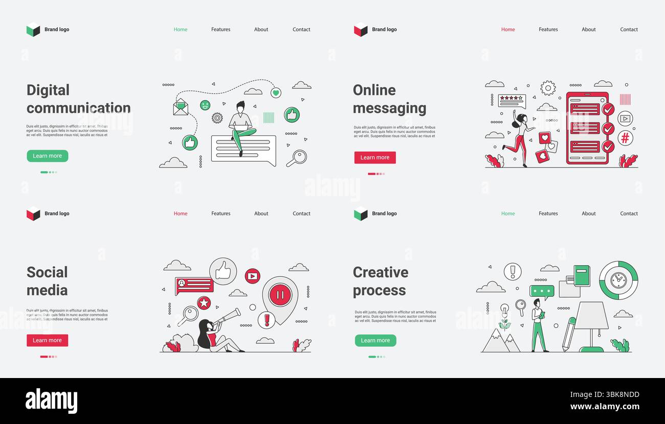 Die digitale Kommunikation umfasst Online-Messaging, soziale Medien und kreative Prozesse wie Webdesign und Vektorgrafiken, die effektive Interaktionen und die Vorlagenentwicklung verbessern Stock Vektor