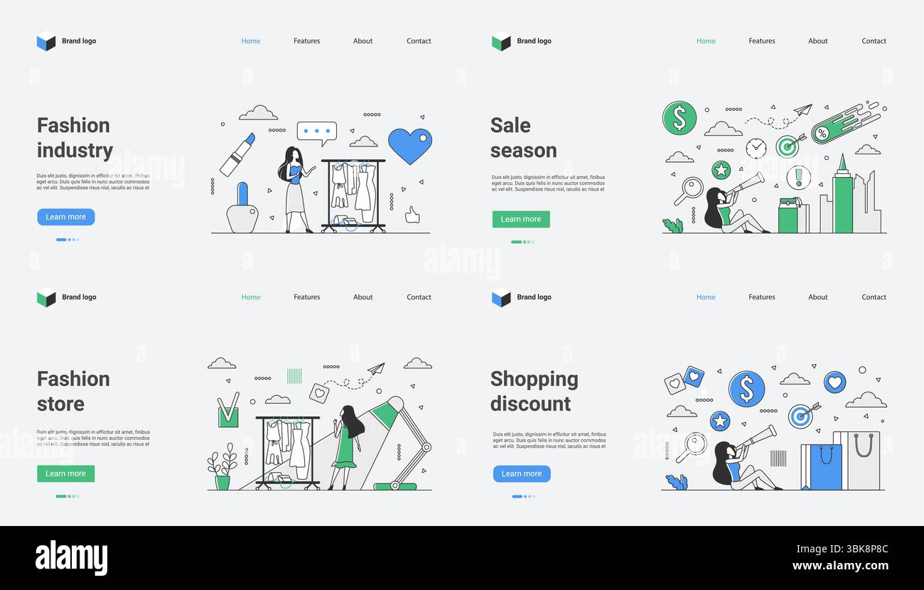 Die Konzepte der Modeindustrie umfassen Verkaufsgrafiken, Einkaufsrabatte, Trends, Marketingstrategien und Vektorgrafiken für Webdesign, wodurch die visuelle Attraktivität und die Kommunikation auf dem Markt verbessert werden Stock Vektor
