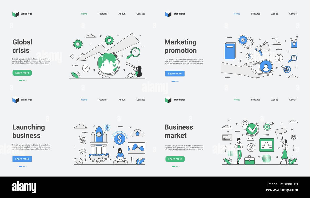 Themen für das Unternehmenswachstum umfassen globale Krisen, Marketingstrategien, neue Geschäftseinführungen und wichtige Marktkonzepte, die alle kreativ in einem ansprechenden Webvorlagen-Vektordesign präsentiert werden Stock Vektor
