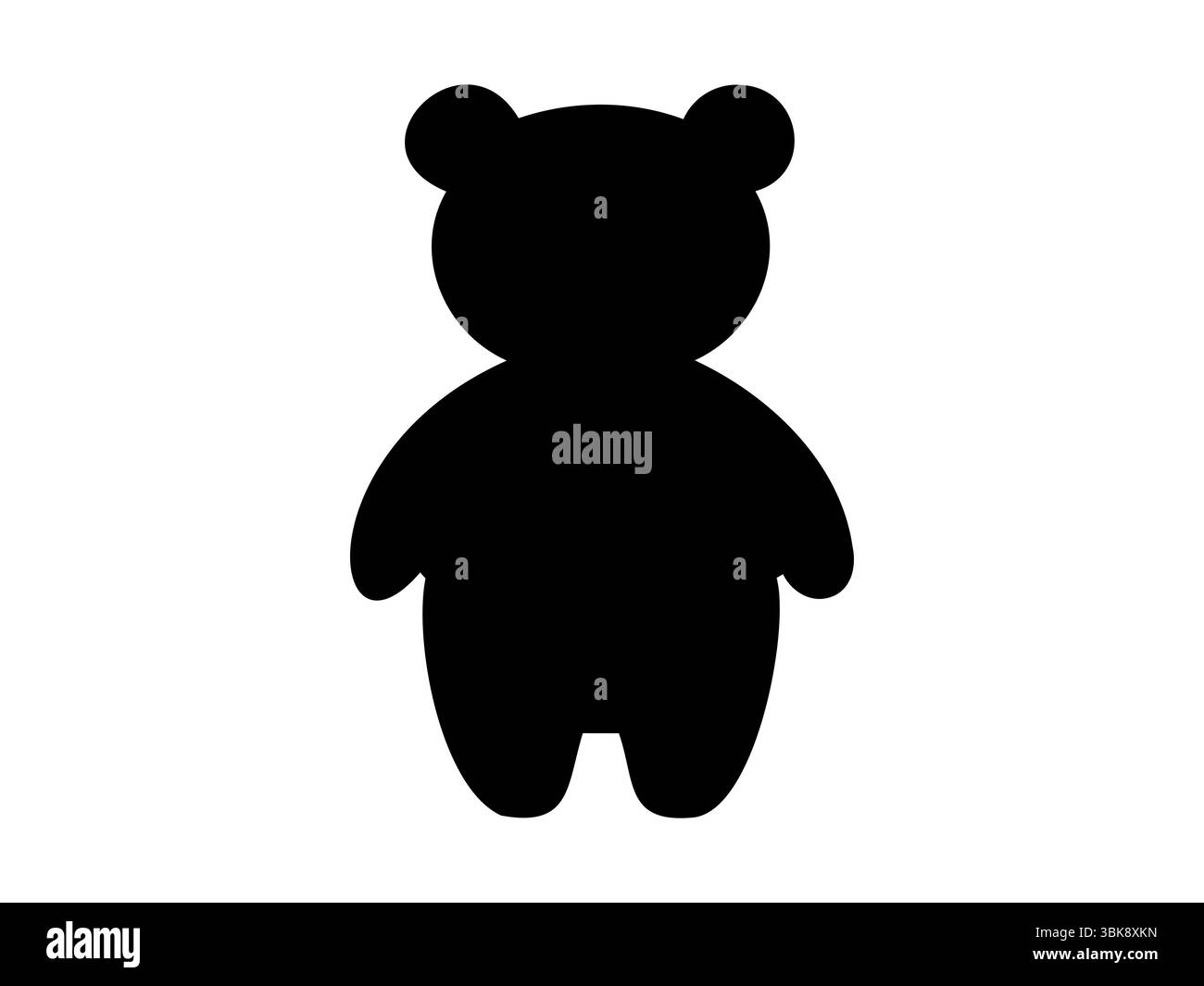 Schwarze Silhouette des Spielzeugbären in stehender Haltung, isoliert auf weißem Hintergrund, grafische Illustration. Konzept von Plüschtier, niedlichem Tier, Icon, Logo, DE Stock Vektor