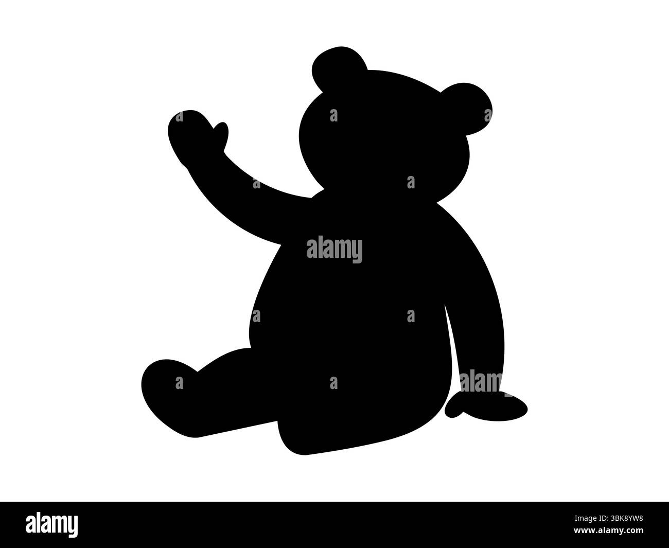 Schwarze Silhouette des Spielzeugbären in sitzender Pose und winkend isoliert auf weißem Hintergrund, grafische Illustration. Konzept des niedlichen Tieres, Symbol, Symbol, Logo, Stock Vektor