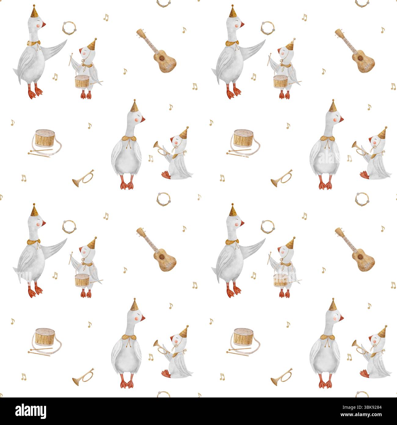 Gänsemusiker Aquarellmuster, Noten, Musikinstrumente Gitarre, Schlagzeug, Trompete. Handgezeichnete Abbildung. Nahtloser Aufdruck im Kinderstil Stockfoto