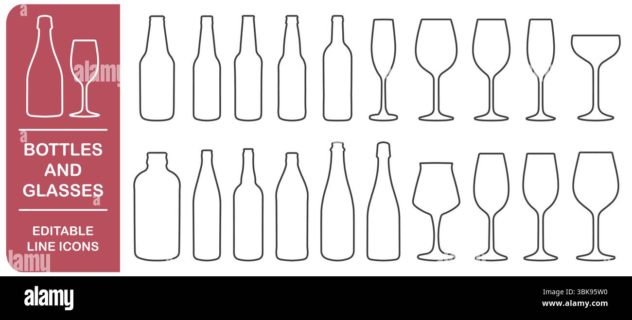 Set mit verschiedenen Symbolen für Weingläser und Bierflaschen. Sammlung von bearbeitbaren Konturlinien. Vektorabbildungsbild. Weinglas und Flaschen Stock Vektor