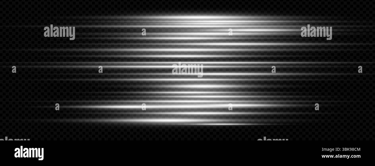 Speed Trail mit weißem Licht und silbernem Unschärfeeffekt auf dunklem abstraktem Hintergrund. Futuristische Lichtreflexe, strahlende Strahlen und Energiestreifen erzeugen dynamische Bewegungen. P Stock Vektor