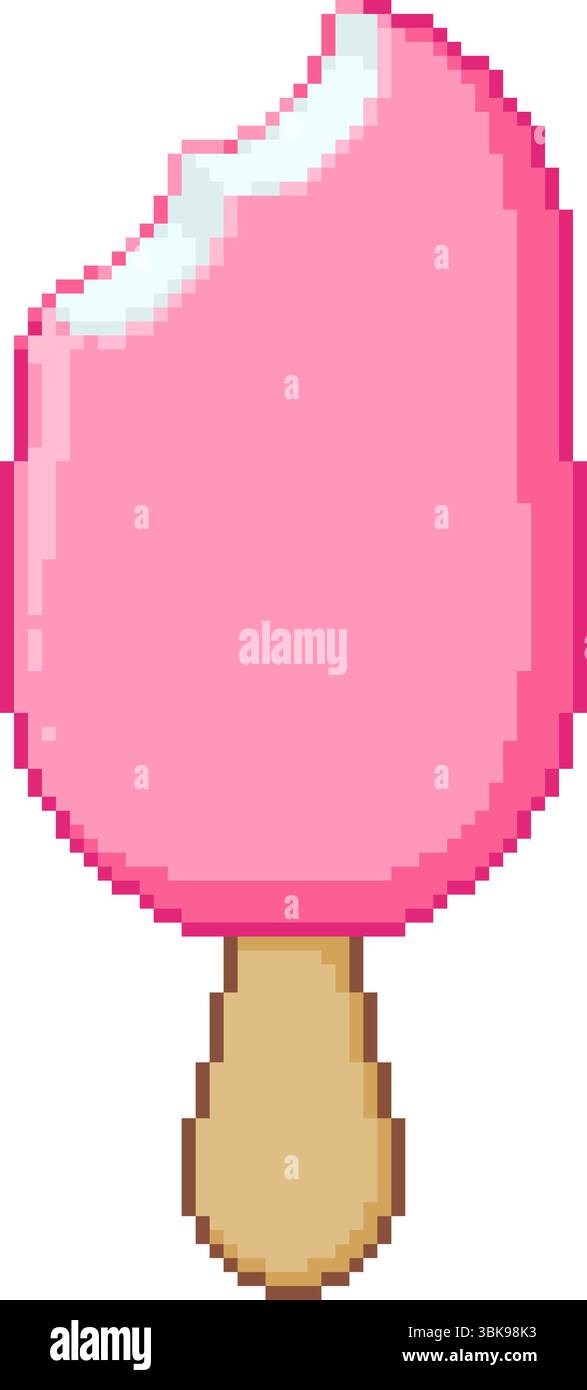 Pixelkunstillustration einer rosa Eiscreme auf einem Stock mit einem Biss herausgenommen. Dessertdesign im Retro-Stil, Vektor. Stock Vektor