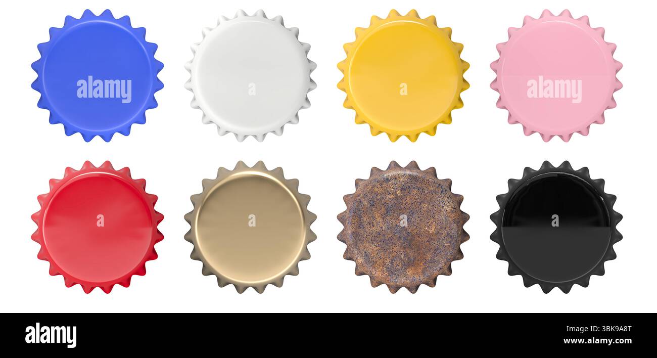 Bunte Flaschenverschlüsse isoliert transparenter Hintergrund 3D Stockfoto