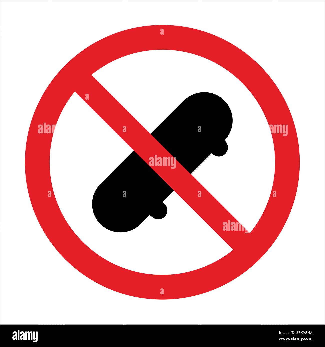 Roter Kreis mit einer diagonalen roten Linie, die ein schwarzes Skateboard durchkreuzt, was darauf hinweist, dass Skateboarden nicht erlaubt ist. Stock Vektor