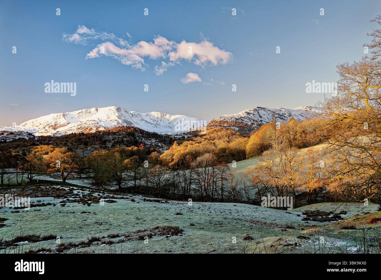 Lake District National Park, Cumbria, England, Großbritannien. Winterlandschaft. S.W. über Langdale zum Wetherlam-Berg von Loughrigg. Morgenlicht Stockfoto