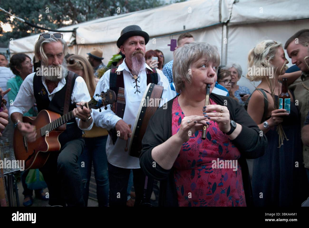 Englische Folk Music, Gruppe von Musikern, die draußen im Pub-Garten auftreten. Eine Frau spielt eine Penny-Pfeife, eine Zinn-Pfeife, eine Fipple-Flöte. Der Hope Pub, Carshalton Surrey. South London Großbritannien England 2017 2010er Jahre HOMER SYKES Stockfoto