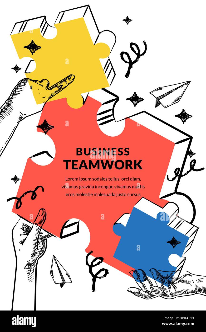 Teamwork- und Partnerschaftskonzept. Menschliche Hände verbinden Puzzleteile. Illustration von Vektorskizzen für Unternehmen, Zusammenarbeit, Strategie, Einheit, Solut Stock Vektor