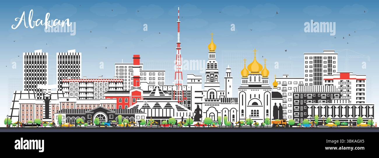 Skyline der Stadt Abakan Russland mit farbigen Gebäuden und blauem Himmel. Vektorabbildung. Abakan Stadtbild mit Wahrzeichen. Stock Vektor