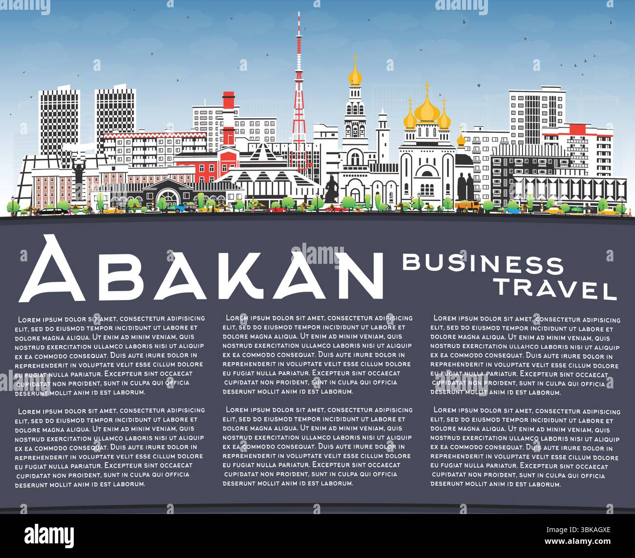 Skyline der Stadt Abakan Russland mit farbigen Gebäuden, blauem Himmel und Kopierraum. Vektorabbildung. Abakan Stadtbild mit Wahrzeichen. Stock Vektor