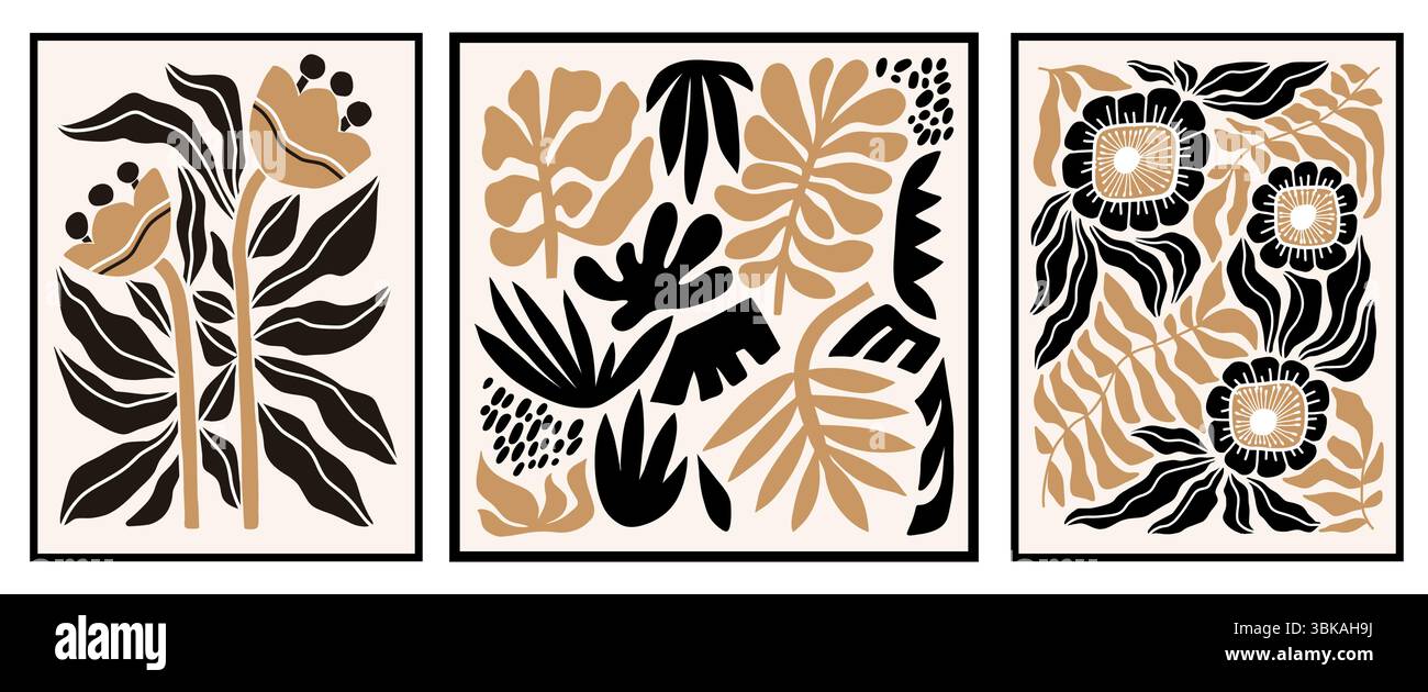 Set aus flachen Illustrationen, inspiriert von Henri Matisses Cut-out-Stil, mit abstrakten handgezeichneten goldenen schwarzen Blumen mit Blättern. Stock Vektor