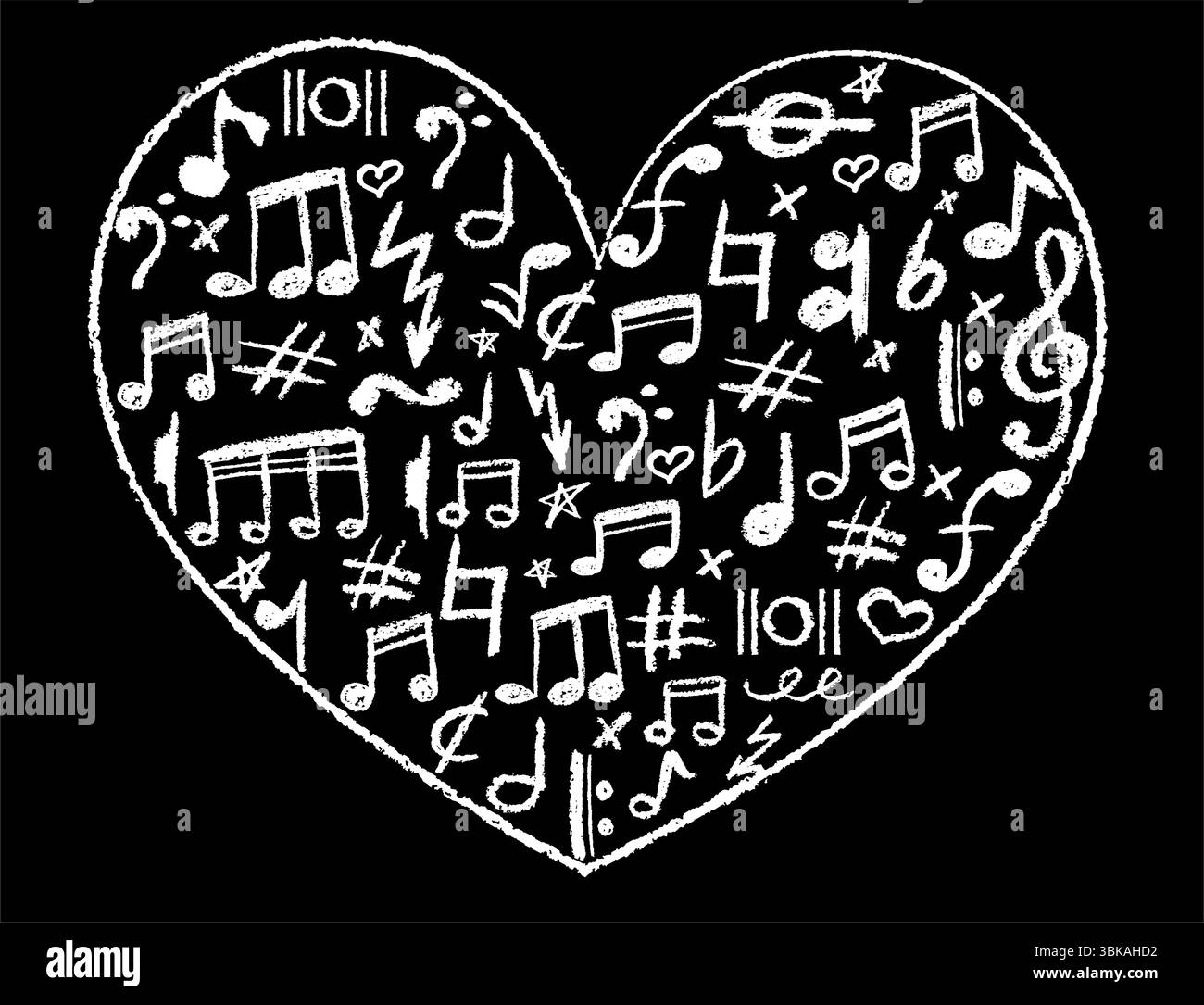 Herzform voller musikalischer Symbole. Holzkohlestempel, niedliche Unterstreichungssymbole für Kindergarten oder Schule. Weiße Musik, Blitz und Stock Vektor